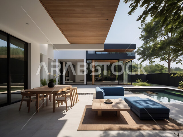 تصاميم عصرية مميزة لحوض السباحة، الاهتمام في زراعه الأشجار والنباتات الخضراء في حديقة مجمع سكني فاخر، الفن الهندسي المعماري على الطراز الحديث للشقق و الفلل السكنية