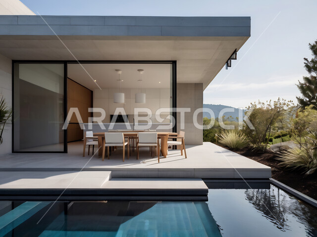 تصاميم عصرية مميزة لحوض السباحة، الاهتمام في زراعه الأشجار والنباتات الخضراء في حديقة مجمع سكني فاخر، الفن الهندسي المعماري على الطراز الحديث للشقق و الفلل السكنية