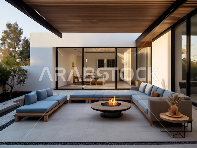 جلسات خارجية ومنتجعات سياحية متميزة ، الفن الهندسي المعماري على الطراز الحديث للشقق و الفلل السكنية، تصاميم عصرية لحوض السباحة، الاهتمام في زراعه الأشجار والنباتات الخضراء في حديقة مجمع سكني فاخر