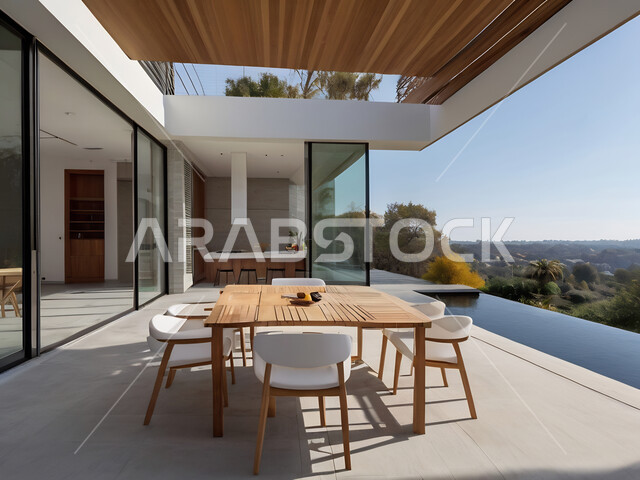 جلسات خارجية ومنتجعات سياحية متميزة ، الفن الهندسي المعماري على الطراز الحديث للشقق و الفلل السكنية، تصاميم عصرية لحوض السباحة، الاهتمام في زراعه الأشجار والنباتات الخضراء في حديقة مجمع سكني فاخر
