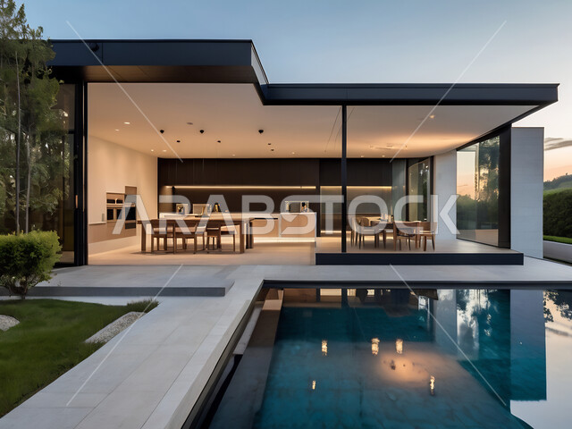 منتجعات سياحية متميزة ، الفن الهندسي المعماري على الطراز الحديث للشقق و الفلل السكنية المضيئة ليلا، تصاميم عصرية لحوض السباحة، الاهتمام في زراعه الأشجار والنباتات الخضراء في حديقة مجمع سكني فاخر