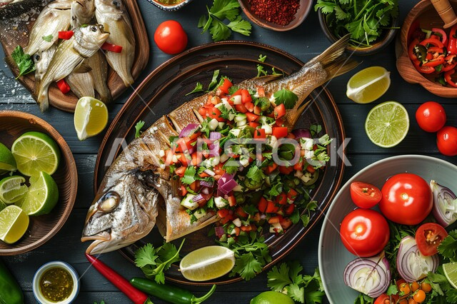 طرق تقديم شهية، صورة من الاعلى لطبق من السمك المشوي مع قطع الليمون والسلطات، مأكولات بحرية ووصفات بنكهات متميزة، وجبة طعام غذائية صحية، مطاعم شرقية في المملكة