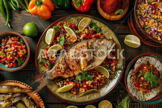 طرق تقديم شهية، صورة من الاعلى لطبق من السمك المشوي مع قطع الليمون والسلطات، مأكولات بحرية ووصفات بنكهات متميزة، وجبة طعام غذائية صحية، مطاعم شرقية في المملكة