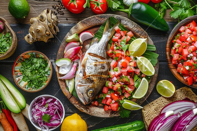 طرق تقديم شهية، صورة من الاعلى لطبق من السمك المشوي مع قطع الليمون والسلطات، مأكولات بحرية ووصفات بنكهات متميزة، وجبة طعام غذائية صحية، مطاعم شرقية في المملكة