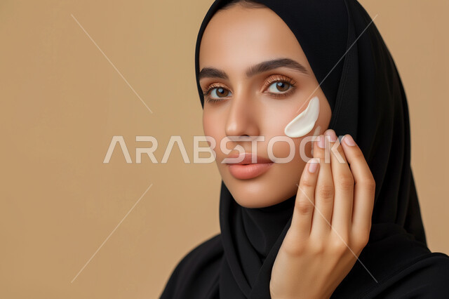 النظر إلى الكاميرا بإيماءات السرور، الاهتمام بالمظهر الخارجي، مفهوم العناية بنضارة وتحسين البشرة، بورتريه مقرب لامرأة عربية خليجية سعودية محجبة مبتسمة تضع كريم الترطيب، استخدام كريمات ومكونات تجميلية، خلفية ملونة