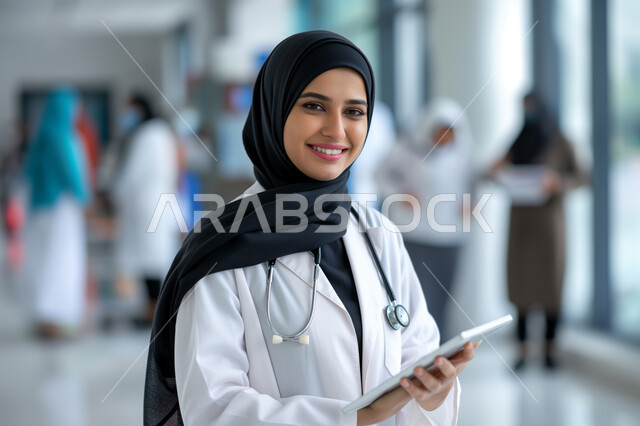 الاهتمام بالأناقة والمظهر الخارجي، صورة مقربة لسيدة عربية سعودية خليجية محجبة ترتدي السماعة الطبية لسماع نبضات القلب والمعطف الطبي, طبيبة متمرسة بخبرات عالية, النظر الى الكاميرا بإيماءات الثقة بالنفس