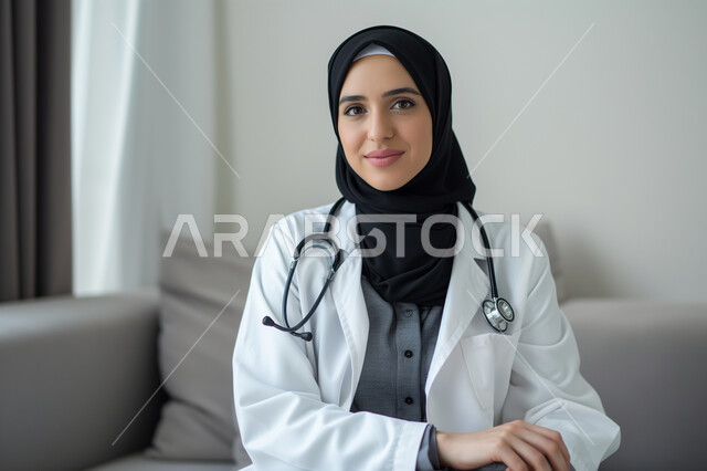 الاهتمام بالأناقة والمظهر الخارجي، صورة مقربة لسيدة عربية سعودية خليجية محجبة ترتدي السماعة الطبية لسماع نبضات القلب والمعطف الطبي, طبيبة متمرسة بخبرات عالية, النظر الى الكاميرا بإيماءات الثقة بالنفس