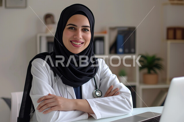الاهتمام بالأناقة والمظهر الخارجي، صورة مقربة لسيدة عربية سعودية خليجية محجبة ترتدي السماعة الطبية لسماع نبضات القلب والمعطف الطبي, طبيبة متمرسة بخبرات عالية, النظر الى الكاميرا بإيماءات الثقة بالنفس