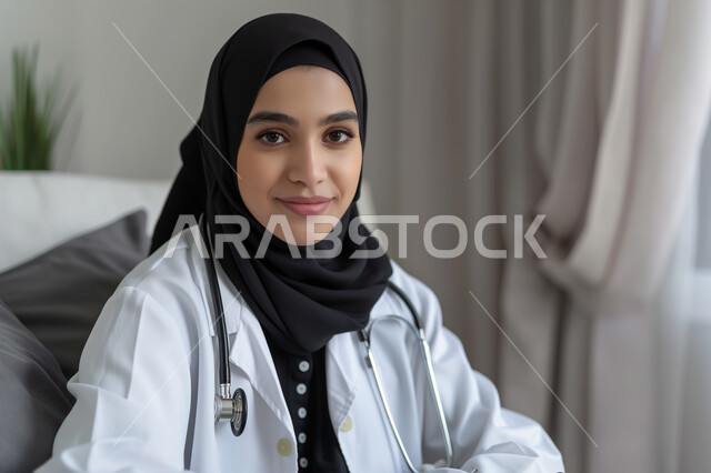 الاهتمام بالأناقة والمظهر الخارجي، صورة مقربة لسيدة عربية سعودية خليجية محجبة ترتدي السماعة الطبية لسماع نبضات القلب والمعطف الطبي, طبيبة متمرسة بخبرات عالية, النظر الى الكاميرا بإيماءات الثقة بالنفس