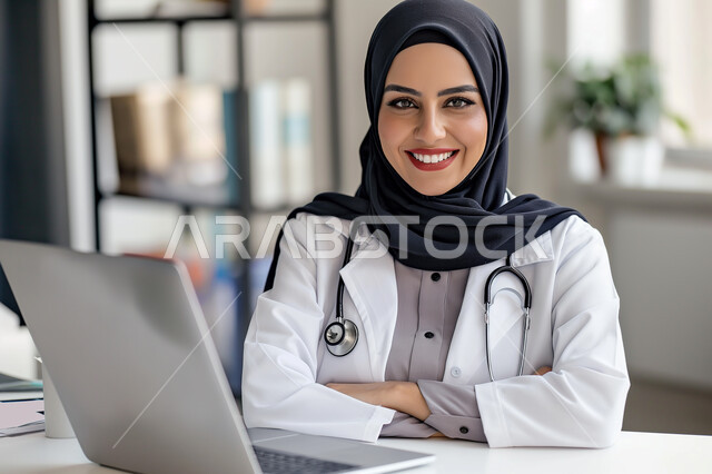 استخدام التقنيات والأجهزة الحديثة، صورة مقربة لسيدة عربية سعودية خليجية محجبة ترتدي السماعة الطبية لسماع نبضات القلب والمعطف الطبي تعمل على الحاسب المحمول, طبيبة متمرسة بخبرات عالية, النظر الى الكاميرا بإيماءات الثقة بالنفس