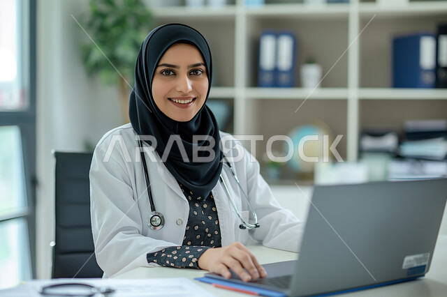 استخدام التقنيات والأجهزة الحديثة، صورة مقربة لسيدة عربية سعودية خليجية محجبة ترتدي السماعة الطبية لسماع نبضات القلب والمعطف الطبي تعمل على الحاسب المحمول, طبيبة متمرسة بخبرات عالية, النظر الى الكاميرا بإيماءات الثقة بالنفس