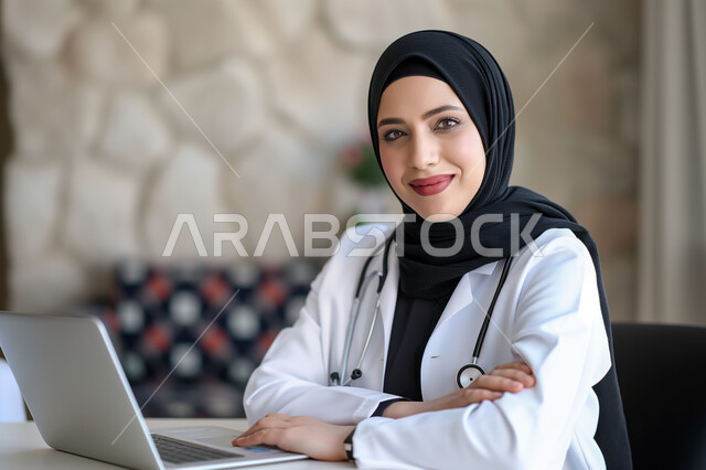 استخدام التقنيات والأجهزة الحديثة، صورة مقربة لسيدة عربية سعودية خليجية محجبة ترتدي السماعة الطبية لسماع نبضات القلب والمعطف الطبي تعمل على الحاسب المحمول, طبيبة متمرسة بخبرات عالية, النظر الى الكاميرا بإيماءات الثقة بالنفس