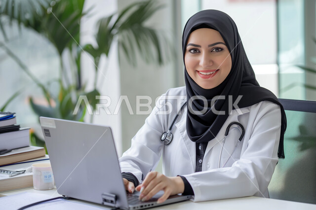 استخدام التقنيات والأجهزة الحديثة، صورة مقربة لسيدة عربية سعودية خليجية محجبة ترتدي السماعة الطبية لسماع نبضات القلب والمعطف الطبي تعمل على الحاسب المحمول, طبيبة متمرسة بخبرات عالية, النظر الى الكاميرا بإيماءات الثقة بالنفس