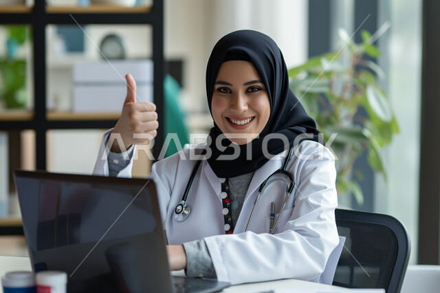استخدام التقنيات والأجهزة الحديثة، صورة مقربة لسيدة عربية سعودية خليجية محجبة ترتدي السماعة الطبية لسماع نبضات القلب والمعطف الطبي تعمل على الحاسب المحمول ترفع اصبع الابهام بتعابير الاعجاب, طبيبة متمرسة بخبرات عالية, النظر الى الكاميرا بإيماءات الثقة بالنفس