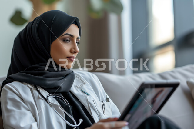 استخدام التقنيات والأجهزة الحديثة، صورة مقربة لسيدة عربية سعودية خليجية محجبة ترتدي السماعة الطبية لسماع نبضات القلب والمعطف الطبي تعمل على التابلت المحمول, طبيبة متمرسة بخبرات عالية