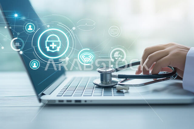 رموز رقمية هولوجرامية لأيقونات الكمبيوتر وشبكات الإنترنت، التطور الالكتروني والنمو التكنولوجي، صوة مقربة لأيدي طبيبة عربية خليجية سعودية تستخدم الحاسب المحمول مع سماعة طبية، التكنولوجيا الرقمية الحديثة