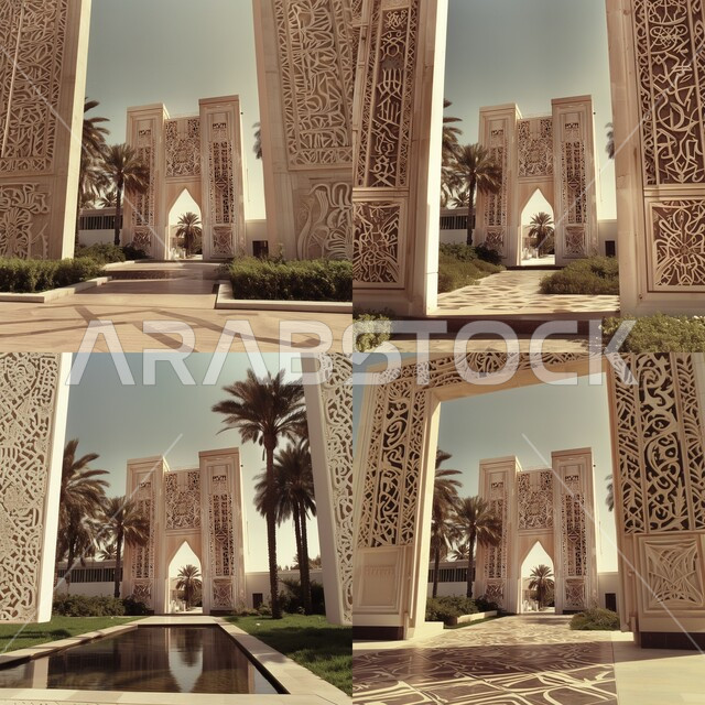 Inscriptions and decorations for columns and arches in the Islamic style, ancient architectural art, elegant designs and decorations for mosques, planting palm trees and green plants at the entrance to the mosque.