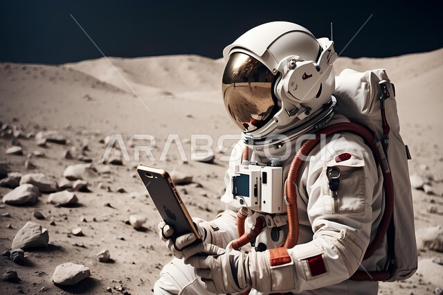 رحلات فضائية إلى الكواكب والمجرات وعلم الفلك، رائد فضاء يحمل بيده هاتف محمول على سطح القمر، فنون الخيال العلمي، تكنولوجيا المستقبل والتطور الرقمي، طبقات الجو العليا