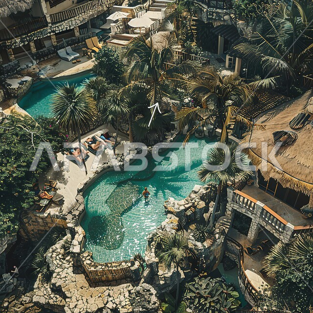 تصاميم عصرية مميزة لحوض السباحة، الاهتمام في زراعه أشجار النخيل والنباتات الخضراء في حديقة مجمع سكني فاخر، الفن الهندسي المعماري على الطراز الحديث للشقق و الفلل السكنية، منتجعات سياحية متميزة