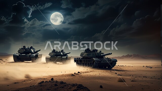 معدات عسكرية متينة للدفاع عن الوطن، مفهوم حماية الخطوط الأمامية، دبابات حربية مدفعية على الكثبان الرملية في الصحراء العربية وقت الليل، مساعدة الوحدات المدرعه على الصمود و الثبات في المعارك، منظر القمر في السماء المليئة بالغيوم
