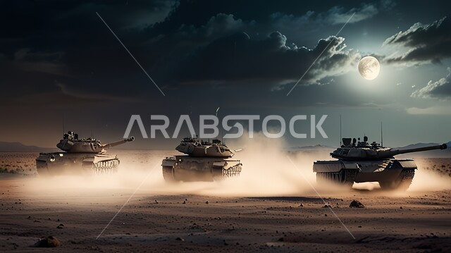 مفهوم حماية الخطوط الأمامية، دبابات حربية مدفعية على الكثبان الرملية في الصحراء العربية وقت الليل، معدات عسكرية متينة للدفاع عن الوطن، مساعدة الوحدات المدرعه على الصمود و الثبات في المعارك، منظر القمر في السماء المليئة بالغيوم