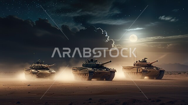 دبابات حربية مدفعية على الكثبان الرملية في الصحراء العربية وقت الليل، مفهوم حماية الخطوط الأمامية، معدات عسكرية متينة للدفاع عن الوطن، مساعدة الوحدات المدرعه على الصمود و الثبات في المعارك، منظر القمر في السماء المليئة بالغيوم