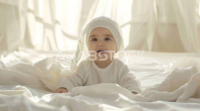The concept of care and concern for children, care for newborn infants, gestures and expressions of innocence and joy, a young Saudi Arabian Gulf child sitting in a bed in a bright bedroom.