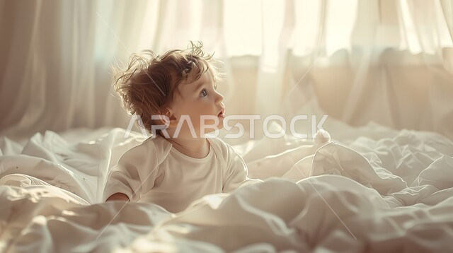 العناية بالأطفال الرضع حديثي الولادة، ايماءات وتعابير البراءة و البشاشة، طفل صغير عربي خليجي سعودي يجلس في سرير في غرفة نوم مضيئة، مفهوم الرعاية والاهتمام بالأولاد 