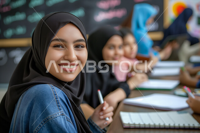 المتابعة والتركيز على الدروس في الفصل الدراسي، مفهوم التعليم في المملكة العربية السعودية، الحرص على التفوق والنجاح، صورة مقربة لطالبة شابة عربية خليجية سعودية محجبة تجلس على طاولة الدراسة بجانب مجموعة من الطلاب تنظر الى الكاميرا بايماءات السرور والسعادة