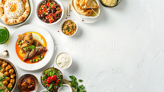 أصناف الأطباق والمقبلات العربية الشرقية اللذيذة، أجواء شهر رمضان المبارك، سفرة من المأكولات الشعبية التقليدية الشهية، المطاعم والمطابخ في المملكة العربية السعودية، طاولة طعام مليئة بالوجبات المتنوعة الرمضانية، خلفية بيضاء