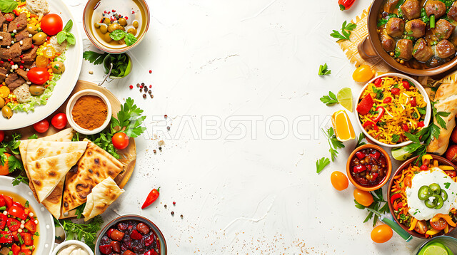 أجواء شهر رمضان المبارك، أصناف الأطباق والمقبلات العربية الشرقية اللذيذة، سفرة من المأكولات الشعبية التقليدية الشهية، المطاعم والمطابخ في المملكة العربية السعودية، طاولة طعام مليئة بالوجبات المتنوعة الرمضانية، خلفية بيضاء