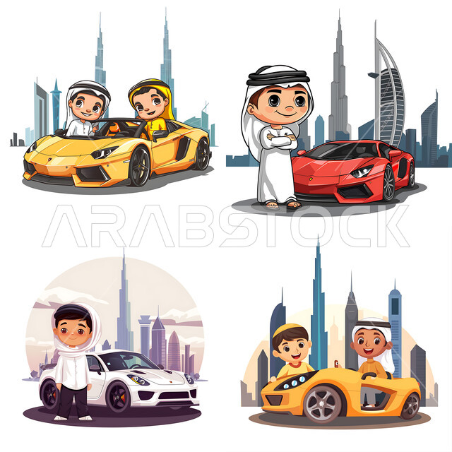 رسوم توضيحيه ثلاثية الابعاد لشباب عرب خليجيين اماراتيين يرتدون الزي الاماراتي التقليدي يمتلكون سيارات فاخره في مدينة دبي ،  الابراج  وناطحات السحاب على خلفيه  بيضاء