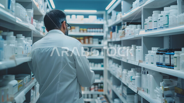 جرد وفحص مخزون الأدوية والمستلزمات الطبية داخل الصيدلية، تقديم الرعاية الصحية والوصفات الطبية، صورة مقربة من الخلف لصيدلاني عربي سعودي خليجي يرتدي اليونيفورم الطبي يقوم بالبحث عن الوصفة الدوائية