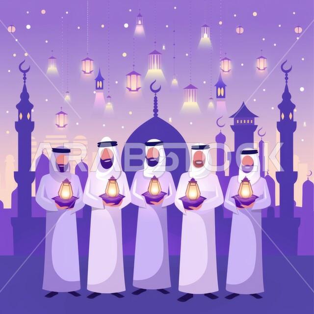 رسوم توضيحية لمجموعة من الرجال يرتدون العقال والثوب التقليدي يقفون امام المسجد يمسكون الفوانيس المضيئة، زينة وديكورات الاعياد والمناسبات الدينية الإسلامية، العبادة والتقرب الى الله في شهر رمضان المبارك، أجواء رمضانية روحانية