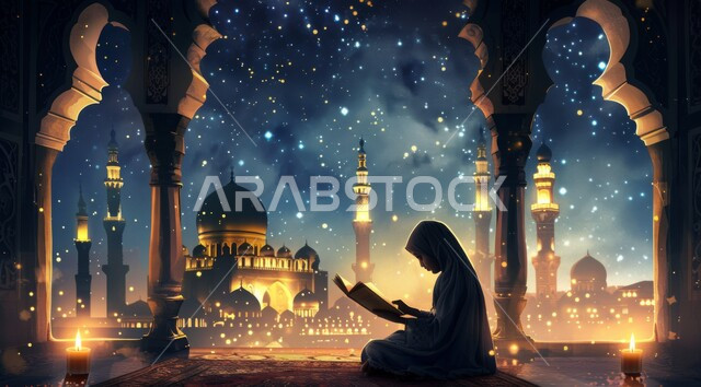 Worship and getting closer to God in the holy month of Ramadan, an illustration of a Saudi Gulf Arab woman sitting and reciting the Holy Quran, decorations for Islamic holidays and religious occasions, a spiritual Ramadan atmosphere, the background of illuminated mosques at night
