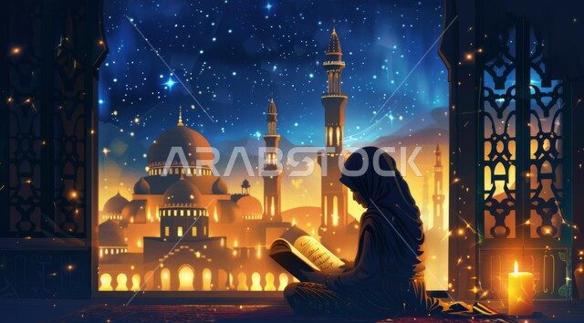 العبادة والتقرب الى الله في شهر رمضان المبارك، رسم توضيحي لسيدة عربية خليجية سعودية جالسة تقوم بتلاوة القرآن الكريم، زينة وديكورات الاعياد والمناسبات الدينية الإسلامية، أجواء رمضانية روحانية، خلفية المساجد المضيئة ليلا