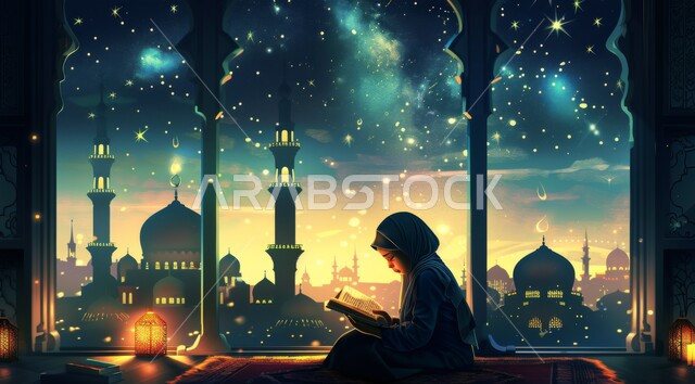 العبادة والتقرب الى الله في شهر رمضان المبارك، رسم توضيحي لسيدة عربية خليجية سعودية جالسة تقوم بتلاوة القرآن الكريم، زينة وديكورات الاعياد والمناسبات الدينية الإسلامية، أجواء رمضانية روحانية، خلفية المساجد المضيئة ليلا