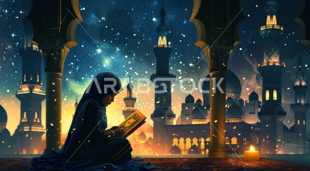 Worship and getting closer to God in the holy month of Ramadan, an illustration of a Saudi Gulf Arab woman sitting and reciting the Holy Quran, decorations for Islamic holidays and religious occasions, a spiritual Ramadan atmosphere, the background of illuminated mosques at night