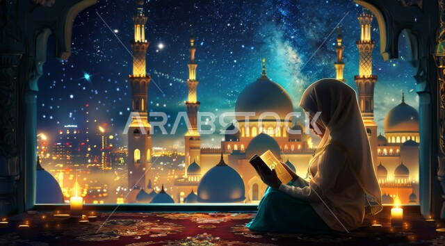 العبادة والتقرب الى الله في شهر رمضان المبارك، رسم توضيحي لسيدة عربية خليجية سعودية جالسة تقوم بتلاوة القرآن الكريم، زينة وديكورات الاعياد والمناسبات الدينية الإسلامية، أجواء رمضانية روحانية، خلفية المساجد المضيئة ليلا