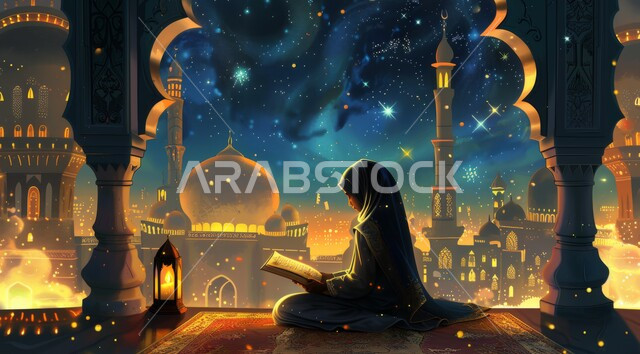 العبادة والتقرب الى الله في شهر رمضان المبارك، رسم توضيحي لسيدة عربية خليجية سعودية جالسة تقوم بتلاوة القرآن الكريم، زينة وديكورات الاعياد والمناسبات الدينية الإسلامية، أجواء رمضانية روحانية، خلفية المساجد المضيئة ليلا
