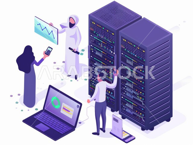 البحث في خزن وملفات البيانات، تصوير من الأعلى لمجموعة من الأشخاص داخل مكتب العمل يستخدمون جهاز الحاسوب المحمول، رسوم توضيحية لموظفين يعملون في مقر الشركة، خلفية بيضاء