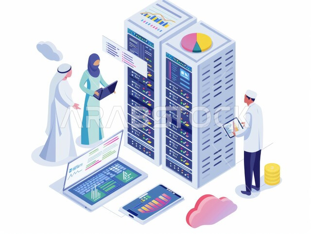 البحث في خزن وملفات البيانات، تصوير من الأعلى لمجموعة من الأشخاص داخل مكتب العمل يستخدمون جهاز الحاسوب المحمول، رسوم توضيحية لموظفين يعملون في مقر الشركة، خلفية بيضاء