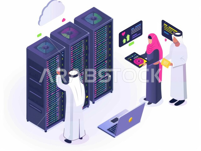 البحث في خزن وملفات البيانات، تصوير من الأعلى لمجموعة من الأشخاص داخل مكتب العمل يستخدمون جهاز الحاسوب المحمول، رسوم توضيحية لموظفين يعملون في مقر الشركة، خلفية بيضاء