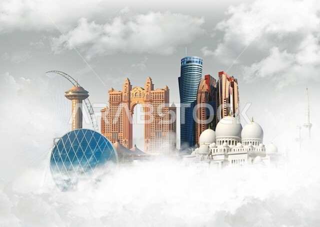 النهضة الاقتصادية والتطور العمراني، رسوم توضيحية للأبراج وناطحات السحاب في الامارات العربية المتحدة، الفن الهندسي المعماري على الطراز الحديث والمتطور للمباني السكنية, معالم سياحية مشهورة، خلفية بيضاء