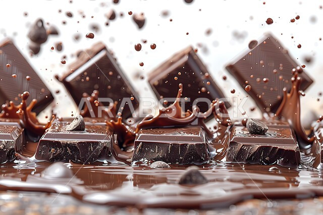 مجموعة من قطع الشوكولاته الداكنة التي تقع في بقع الشوكلا، صناعة وإعداد الحلويات, تقديم السكريات في المناسبات والأعياد، حلا شرقي شهي، الشوكولا السائلة بنية اللون