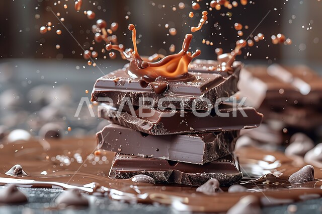 مجموعة من قطع الشوكولاته الداكنة التي تقع في بقع الشوكلا، صناعة وإعداد الحلويات, تقديم السكريات في المناسبات والأعياد، حلا شرقي شهي، الشوكولا السائلة بنية اللون