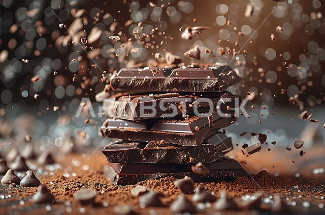 Manufacture and preparation of sweets, a group of dark chocolate pieces that fall into chocolate spots, serving sugars on special occasions and holidays, a delicious oriental dessert, brown liquid chocolate
