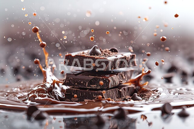 Manufacture and preparation of sweets, a group of dark chocolate pieces that fall into chocolate spots, serving sugars on special occasions and holidays, a delicious oriental dessert, brown liquid chocolate