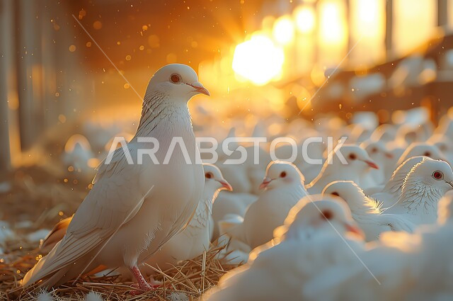 The concept of raising and caring for poultry, a close-up of white birds in poultry farms at sunrise, caring for mammals in natural reserves, wildlife in the Kingdom of Saudi Arabia