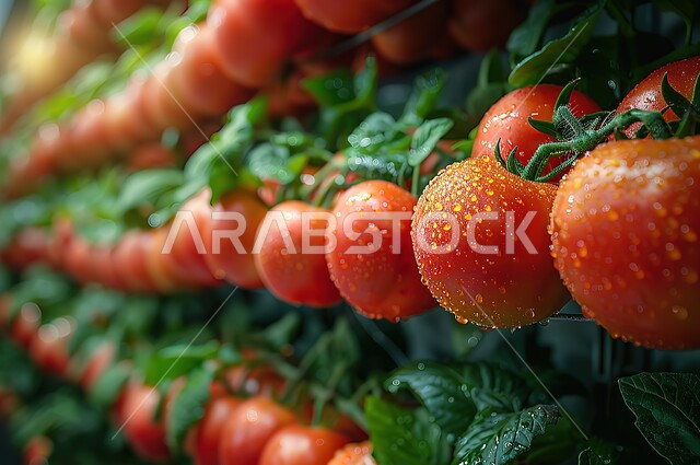 الأشجار والمحاصيل الزراعية الخضراء، صورة مقربة لثمار الطماطم الحمراء الناضجة والطازجة في مزارع المملكة العربية السعودية، المحميات الطبيعية الخصبة